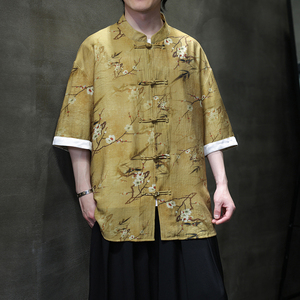 夏季风男装唐装短袖衬衣中式复古印花大码衬衫A118-C18P65,大粉格子日常穿搭夏季图片