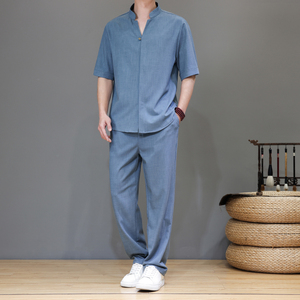 夏季风唐装高端轻奢天丝亚麻短袖套装男A118-TZ2503P165控228图片