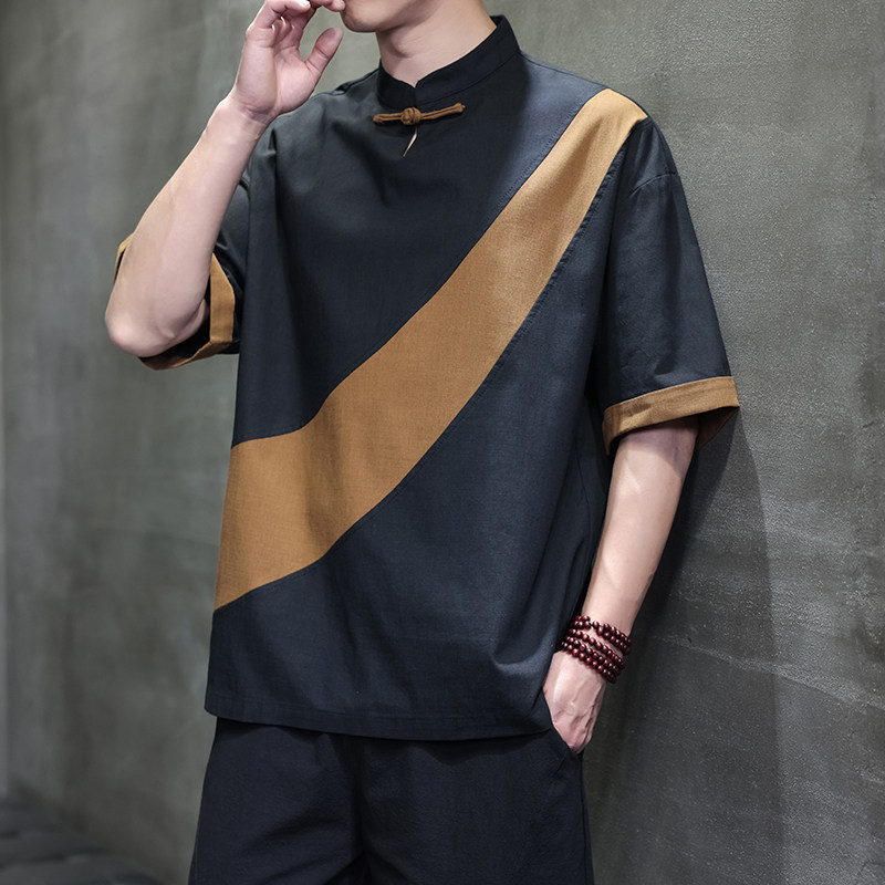 夏季风男装棉麻拼接复古唐装汉服大码短袖A118-T006P65控99,男装T恤,电商A118
