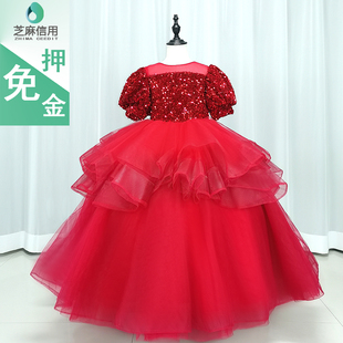 出租小主持人红色礼服租赁女童华丽钢琴演出蓬蓬裙儿童朗诵公主裙