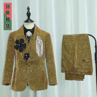 出租男童主持英伦闪亮礼服套装租赁男孩走秀金色高端西装正装N235