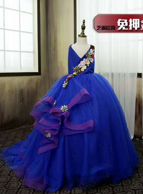 租儿童主持蓝色重工婚纱裙租赁女童慢走秀高端奢华晚礼服新款NL92