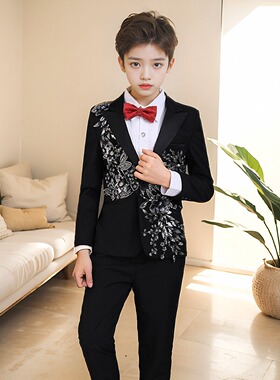 男小主持人服装出租男童黑色亮片礼服租赁男孩钢琴演出潮西装新款
