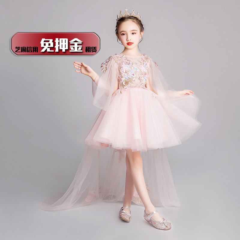 出租女童粉色飘纱礼服租赁女孩唱歌比赛前短后长拖尾公主纱裙N126