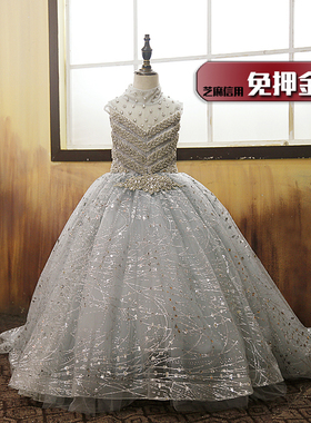 出租女童奢华婚纱裙租赁女孩高端灰色走秀主持弹钢琴闪亮礼服NL97