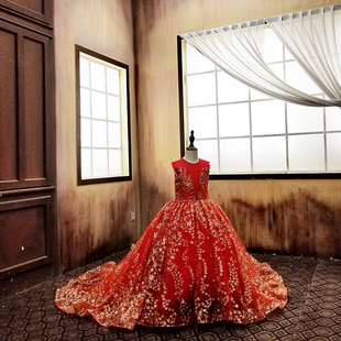 租儿童华丽礼服租赁女童主持人 走秀 弹钢琴红色奢华闪亮纱裙NL96