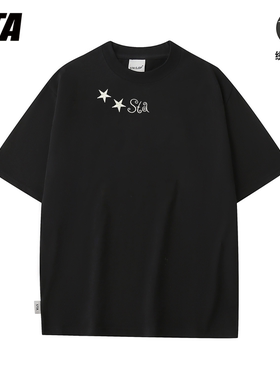 STA GJDP国潮美式五角星刺绣纯棉短袖T恤男女情侣宽松ins半袖上衣