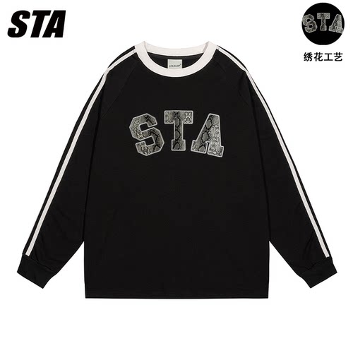 STA GJDP三条杠美式高端刺绣刺绣宽松长袖重磅衫男女情侣秋冬上衣