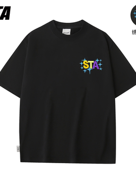 STA GJDP国潮新款刺绣重磅短袖T恤男女宽松纯棉美式情侣装