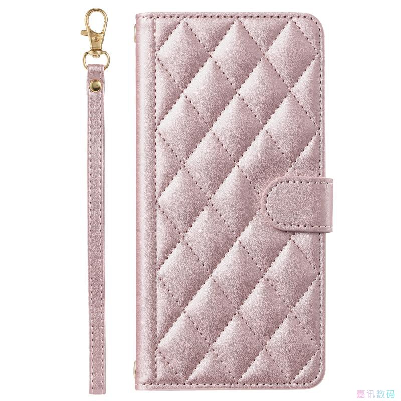 菱形粉适用GalaxyS24/S23/S22/S21/S20 ULTRA/Plus+/FE三星翻盖手机壳长挂绳S10/S9/S8/S7斜挎挂脖皮套