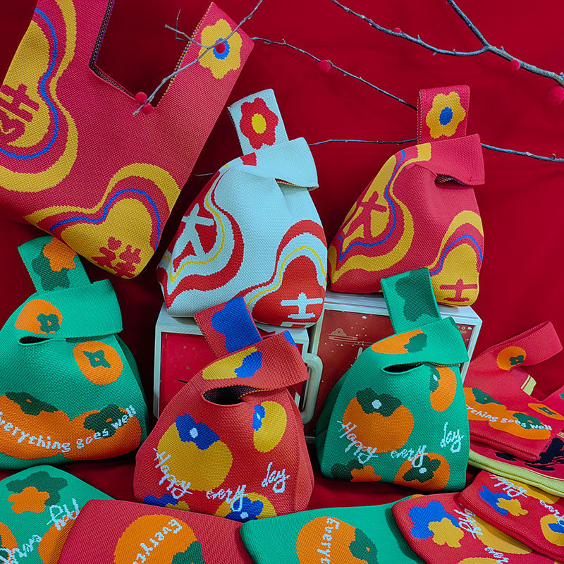 节日喜庆手提包大吉大利红色针织包伴手礼手提包编织休闲手腕袋大