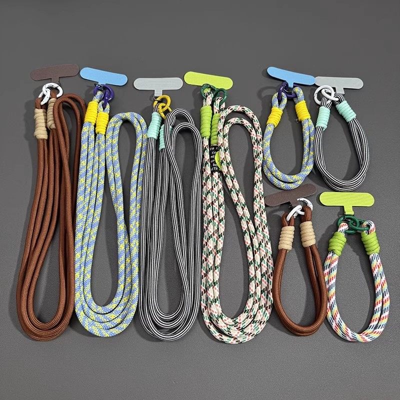 潮流条纹撞色编织绳手机挂绳斜挎可背可调节长短两用彩色夹片女款