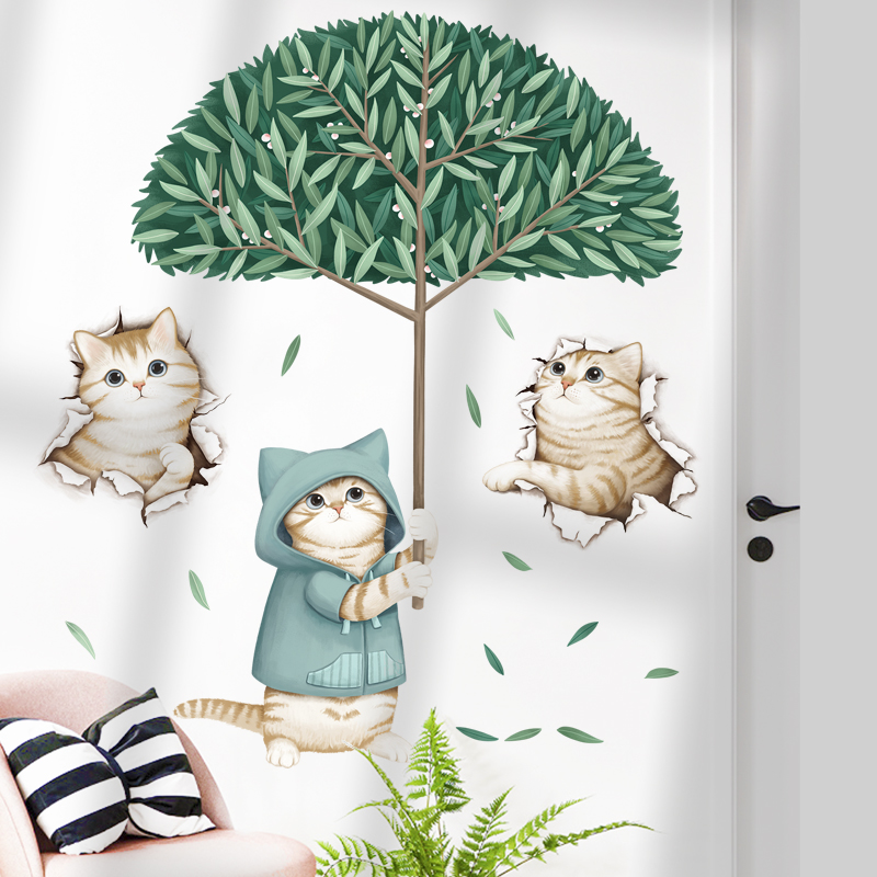 可移除墙贴纸防水贴画墙壁上装饰布置卡通可爱猫咪立体视觉幼儿园图片