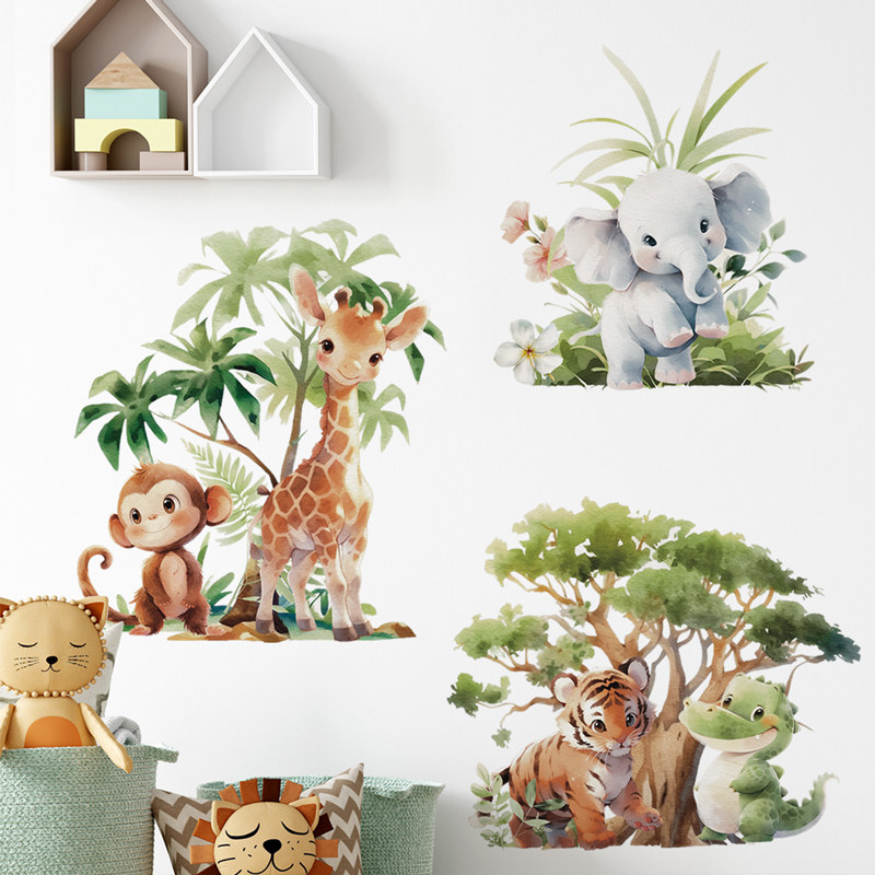 可爱动物长颈鹿老虎猴子森林童话墙贴纸自粘幼儿园儿童房间墙面画