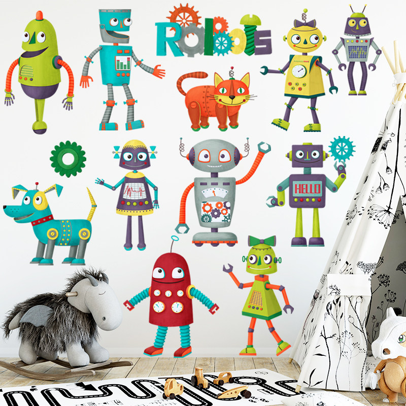 可移除墙贴纸卡通可爱机器人男女宝宝儿童房间自粘防水装饰幼儿园