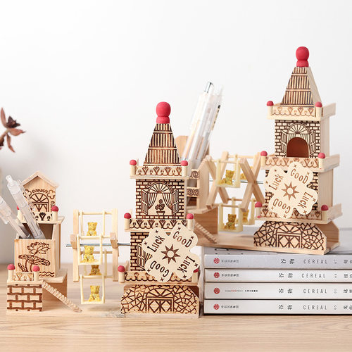 木质旋转风车小屋发条收纳摆件女