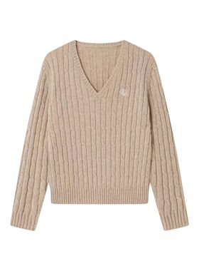 KeepSolo「衣橱基石」麦穗刺绣V领羊毛绞花毛衣008秋冬长袖