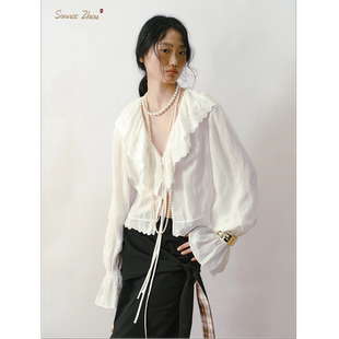 诸卿卷花sennoszhou法式v领花苞袖抽绳上衣白色荷叶边衬衫长袖