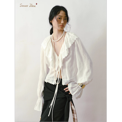 法式V领花苞袖抽绳长袖衬衫