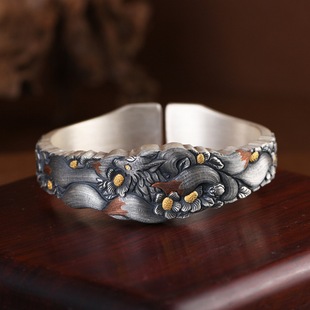 手工足银999九尾灵狐手镯女开口复古民族风镶金纯银镯子加厚礼物