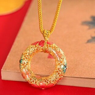 国风时尚足银999珐琅彩樱花项链女复古纯银平安扣吊坠毛衣链礼物