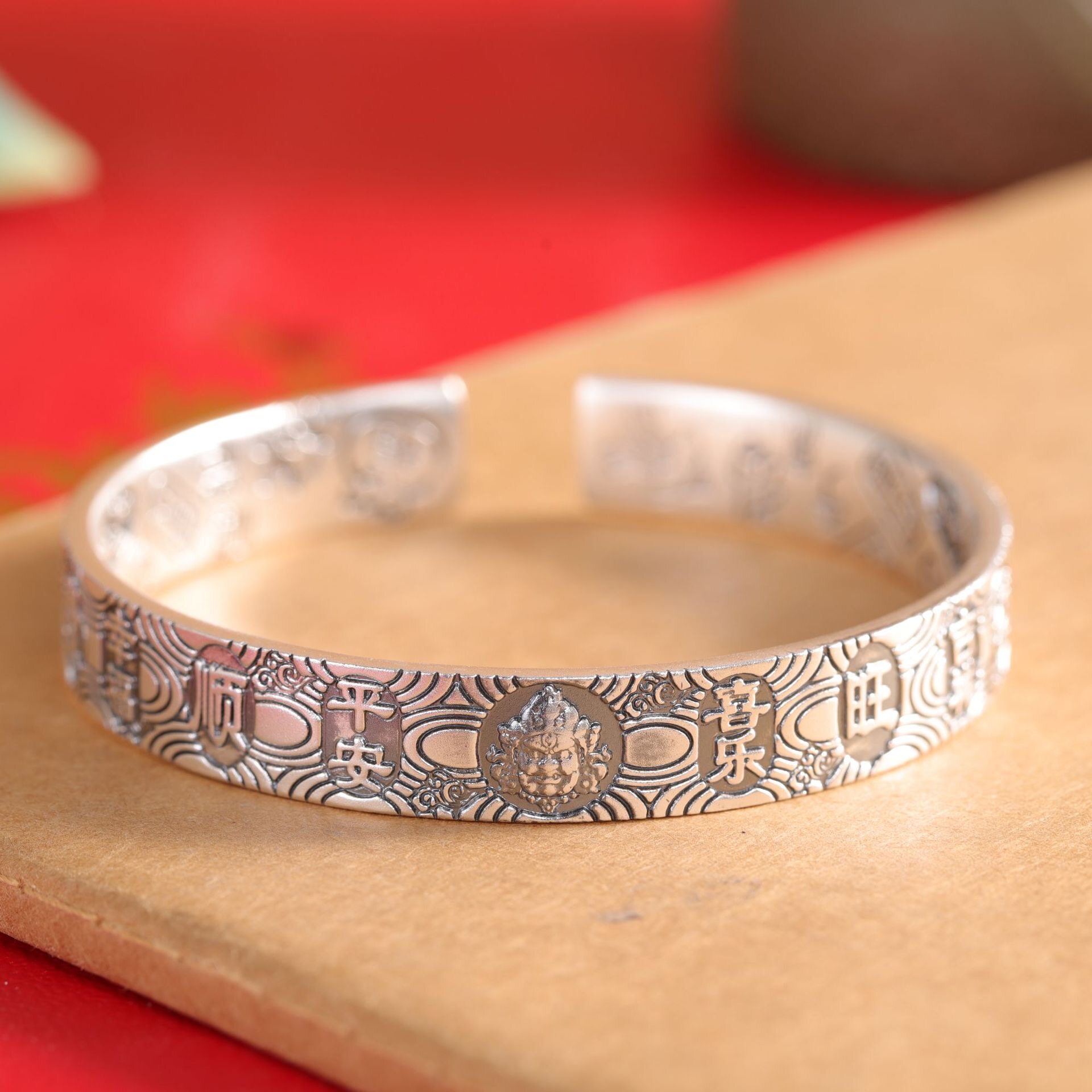 黄财神足银999吉言手镯女开口宽版复古做旧民族风纯银镯子礼物
