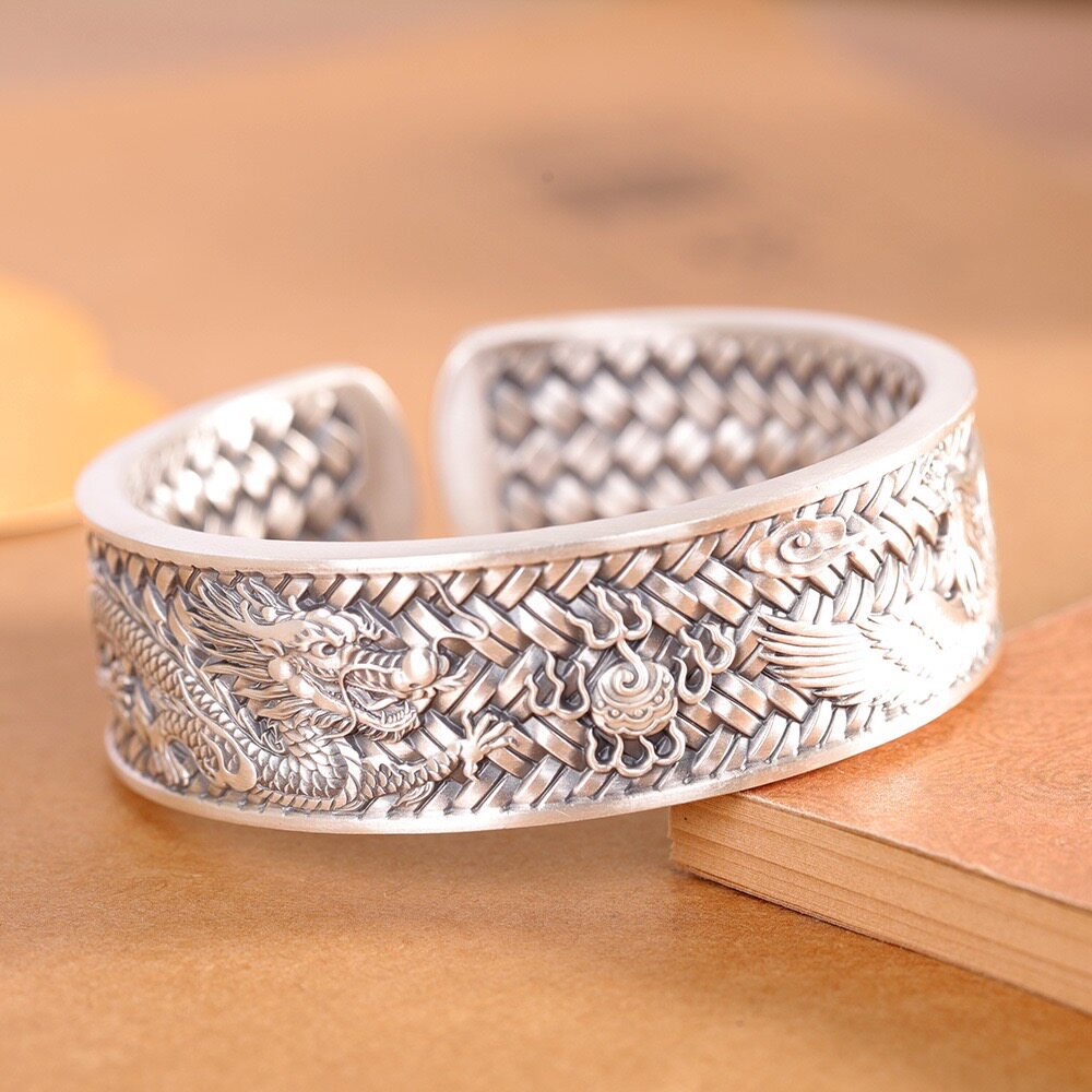 龙凤呈祥足银9999手镯女开口宽版复古民族风编织纯银镯子妈妈礼物