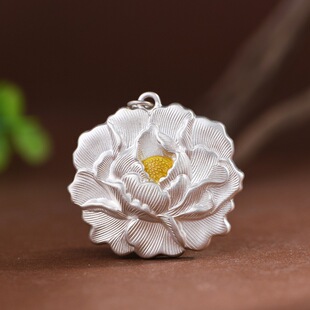 花开富贵足银999牡丹吊坠女时尚国风纯银项链古典中式毛衣链礼物