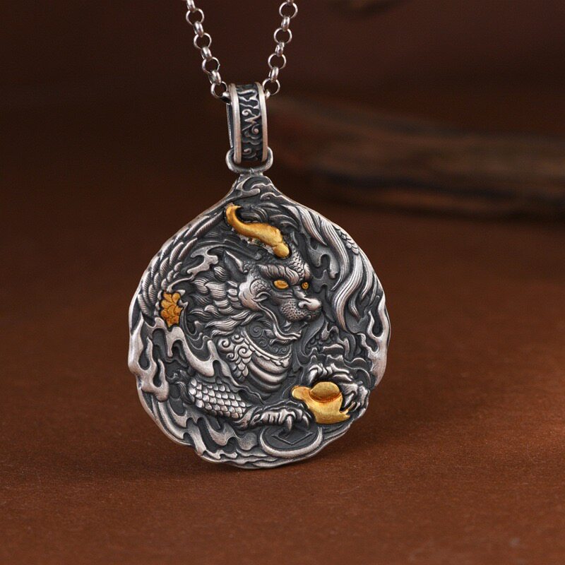 龙行天下足银999龙吊坠做旧民族风镶金纯银龙牌项链长款手工礼物