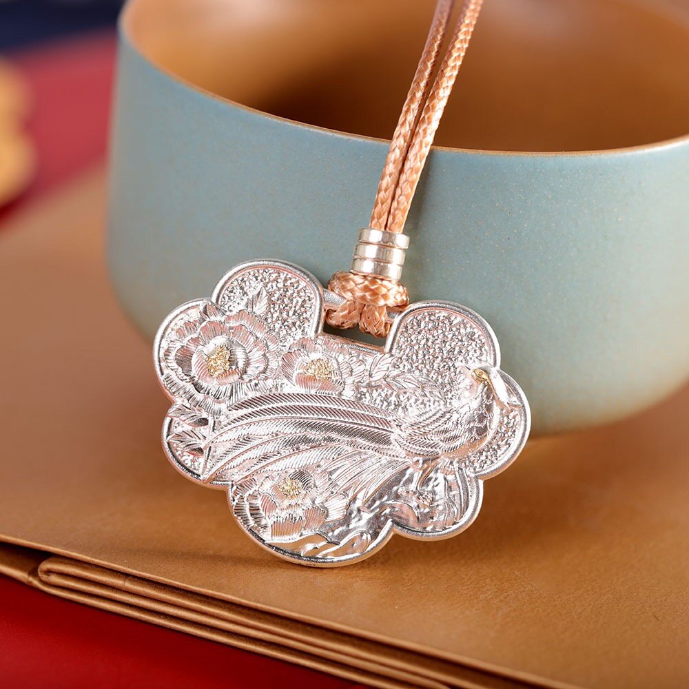 平安喜乐足银999如意项链国风时尚牡丹凤凰纯银吊坠长毛衣链礼物