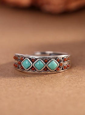 复古异域风纯银绿松戒指