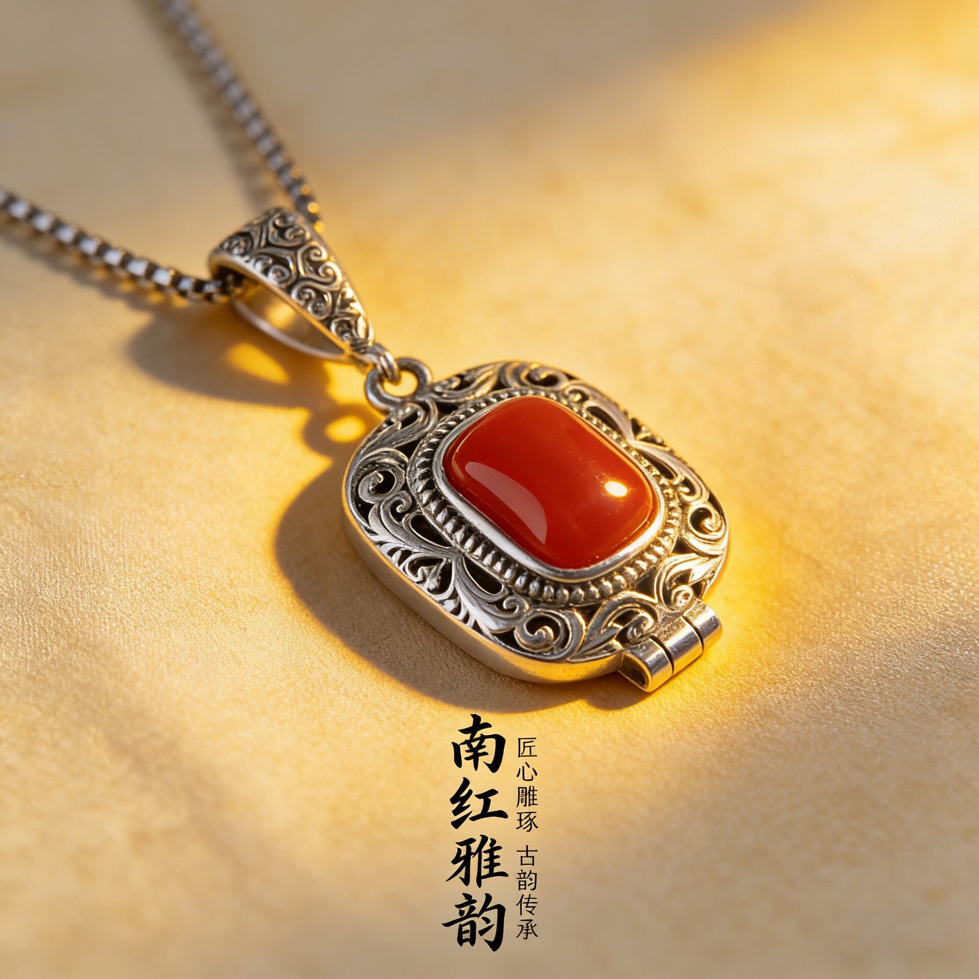 复古做旧S925纯银南红嘎乌盒气质民族风红玛瑙吊坠泰银文艺项链