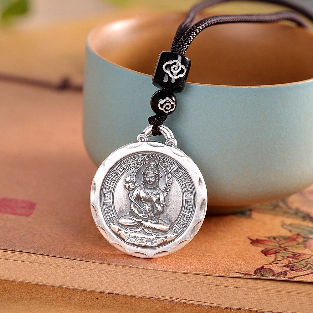 守护神足银999项链复古做旧纯银吊坠生肖马本命年毛衣链长款圆牌