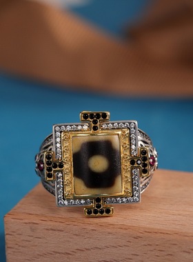 复古925纯银天珠戒指男款开口民族风藏式指环玛瑙女手饰做旧饰品