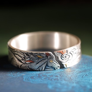 驰骋足银999马手镯开口复古民族风镶金手工纯银镯子生肖马本命年