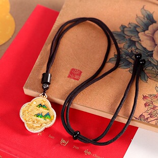 江山足银9999项链女气质国风毛衣链描金珐琅彩纯银吊坠银杏礼物