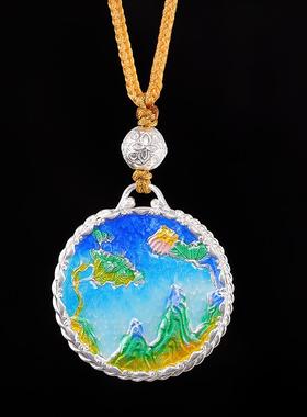 双面珐琅平安牌项链9999足银