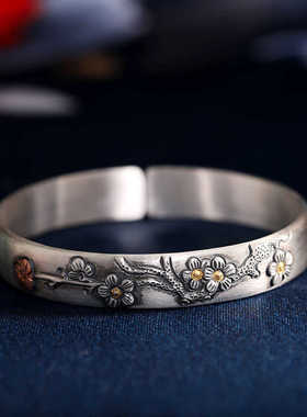 手工正品足银9999梅花手镯