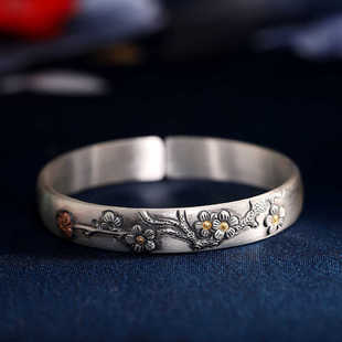 手工足银9999梅花手镯女开口复古做旧民族风纯银镯子錾刻手环礼物