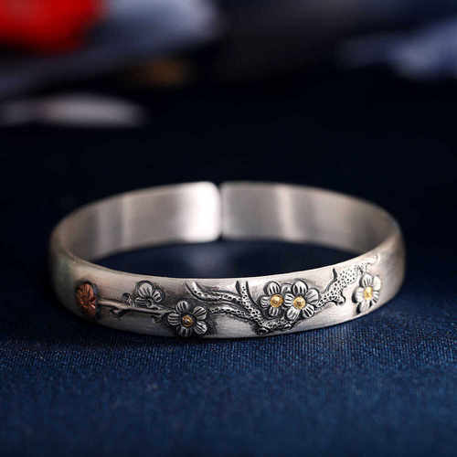 手工正品足银9999梅花手镯