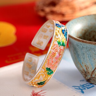 古法描金足银9999富贵牡丹花手镯女开口珐琅纯银镯子国风复古礼物