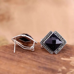 气质百搭S925纯银切面蓝砂石方形耳扣女复古时尚马克赛玉髓耳钉