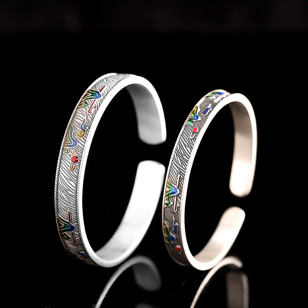珐琅彩9999纯银山峰浮雕手镯男女情侣款复古做旧国风足银手环礼物