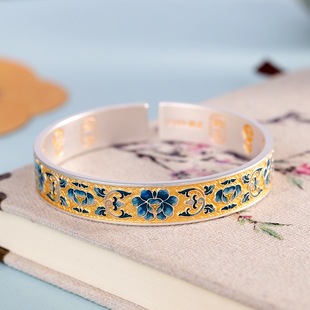 富贵花足银9999牡丹手镯女开口编织描金珐琅纯银镯子国风吉言礼物