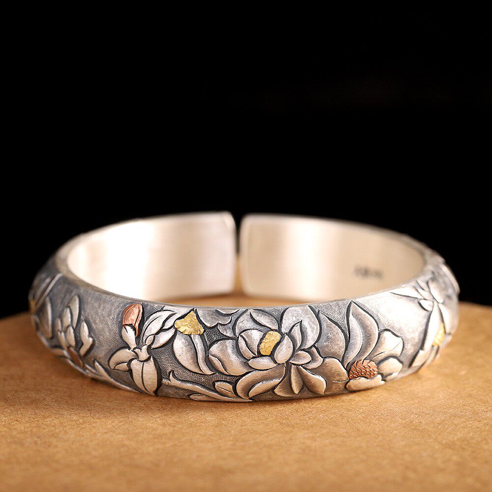 金海棠纯手工999足银手镯女开口镶金复古做旧民族风纯银镯子礼物