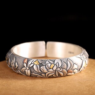 金海棠纯手工999足银手镯女开口镶金复古做旧民族风纯银镯子礼物