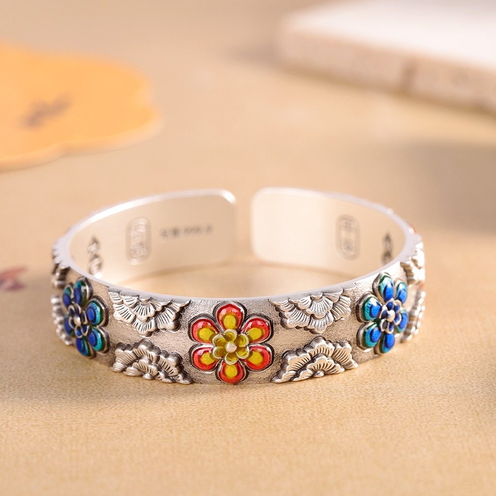 花漾足银9999手镯女开口宽版复古纯银镯子做旧民族风手环国风礼物