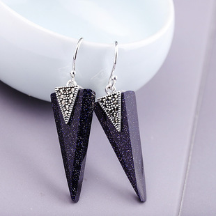 洋气时尚复古耳饰女s925纯银蓝砂石三角耳环大方耳坠黑玛瑙镶嵌