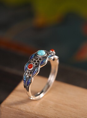 S925纯银麦穗纹松石戒指国风大麦