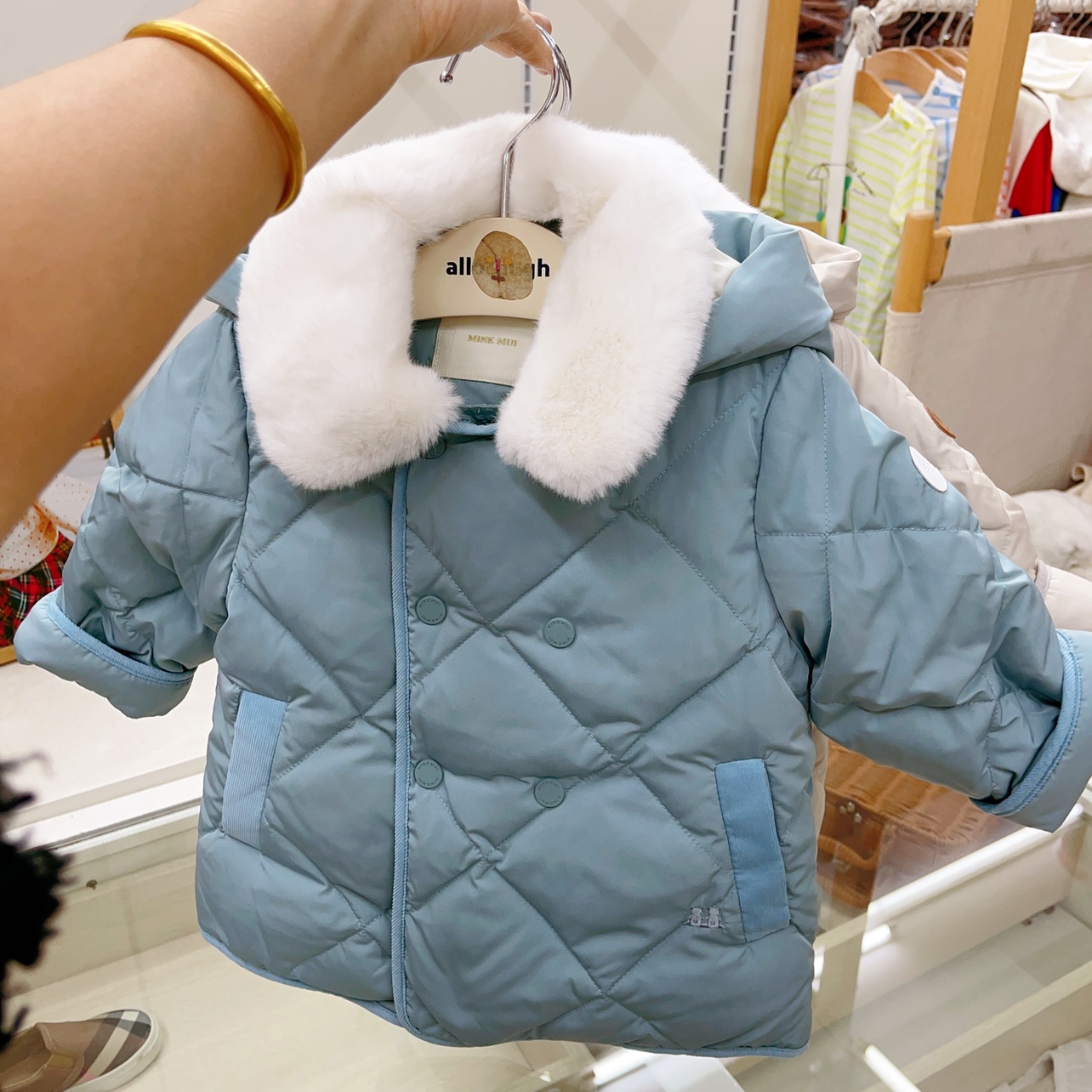 韩国童装 23冬新款男女童宝双排扣毛领带帽纯色洋气羽绒服外套B4